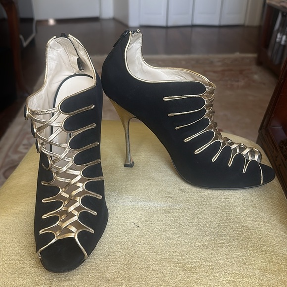 Brian Atwood Naiya Black and Gold Silk Crepe Peep-Toe High-Heel Bootie Size EU42 - Picture 16 of 16